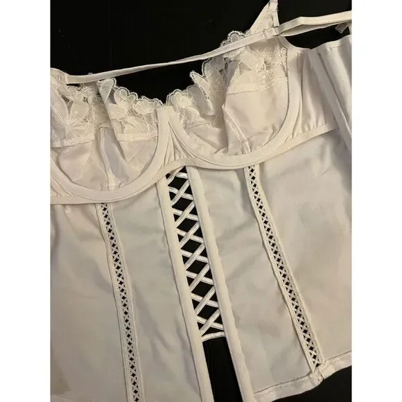 Victoria's Secret 34C 34D 36B M CORSET TOP+GARTER SKIRT CANVAS lace up WHITE